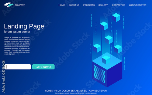 Website landing page vector template. Blue background with digital technology isometric concept illustration