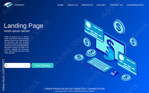 Online banking, money transfer, financial transaction flat 3d isometric vector concept illustration. Website landing page template