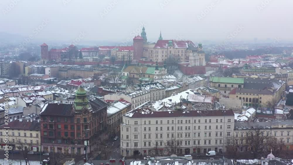 Aerial view of the historical center of Krakow, church, Wawel Royal Castle in winter Aerial view of the historical center of Krakow, church, Wawel Royal Castle in winter