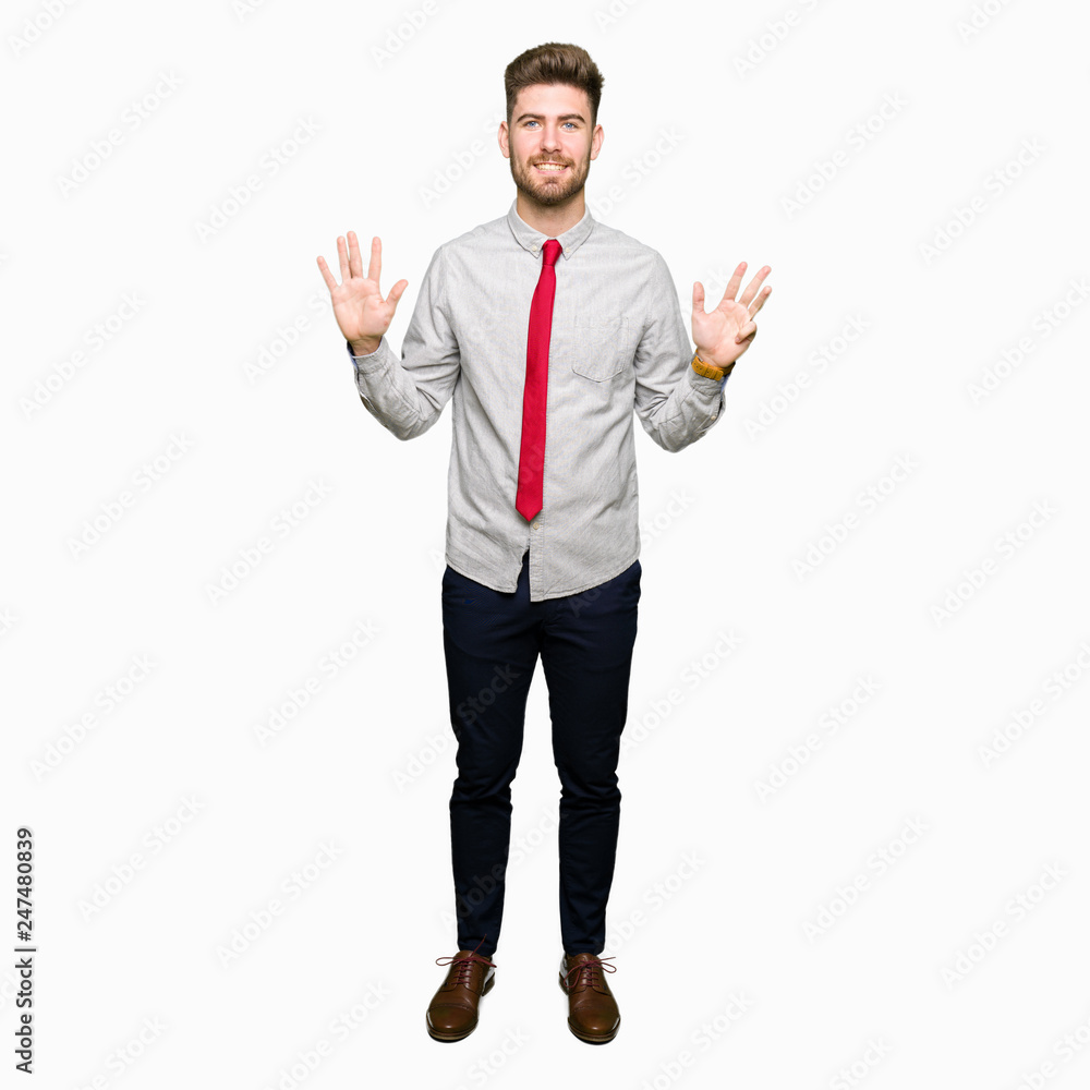 Young handsome business man showing and pointing up with fingers number nine while smiling confident and happy. Young handsome business man showing and pointing up with fingers number nine while smiling confident and happy.