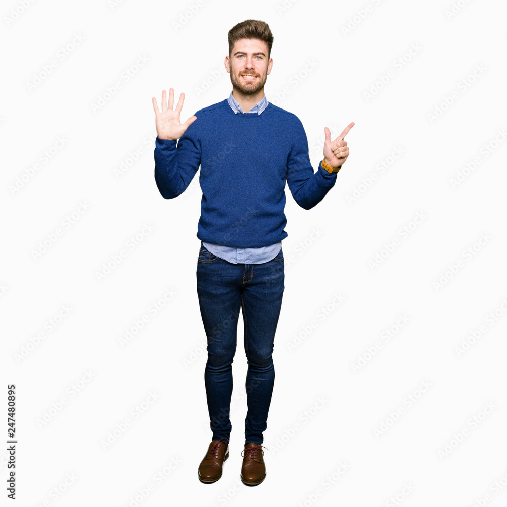 Young handsome bussines man showing and pointing up with fingers number seven while smiling confident and happy. Young handsome bussines man showing and pointing up with fingers number seven while smiling confident and happy.