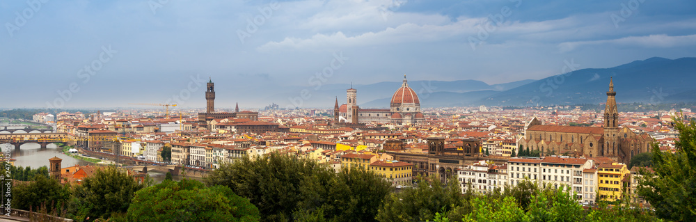 Panorama of Palazzo Vecchio, Florence Cathedral, and Basilica di Santa Croce in FLorence Italy