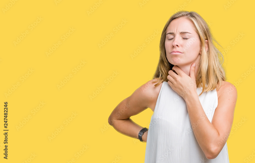 Beautiful young elegant woman over isolated background Touching painful neck, sore throat for flu, clod and infection Beautiful young elegant woman over isolated background Touching painful neck, sore throat for flu, clod and infection