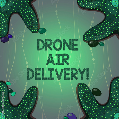 Writing note showing Drone Air Delivery. Business photo showcasing unanalysisned aerial vehicle utilized to transport packages Starfish on Four Corners with Pebbles for Poster Ads Cards photo