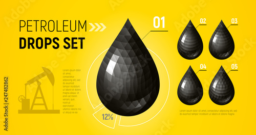 Petroleum black isolated drops set on yellow background