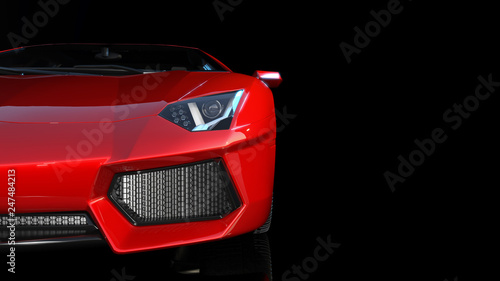 Red sports car, front end and headlights of a sport automobile, race car isolated on black background, 3D rendering photo
