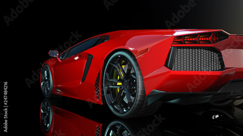 Red sports car, rear end and taillights of a sport automobile, race car isolated on black background, bottom view, 3D rendering photo