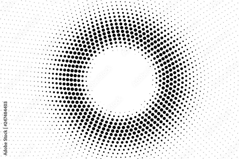 Black and white halftone vector texture. Textured centered dotted gradient. Round dotwork surface for vintage effect