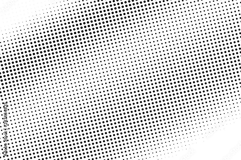 Black and white halftone vector texture. Textured diagonal dotted gradient. Frequent dotwork surface for vintage effect