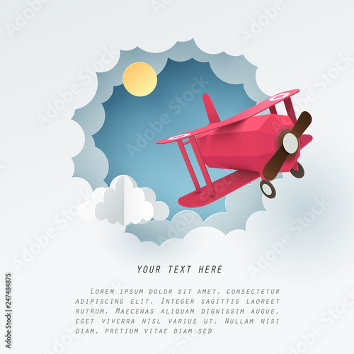 Paper art of red airplane fly through a white cloud with copy space for text