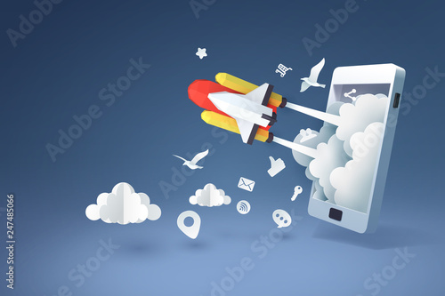 Paper art of spaceship launch from mobile phone