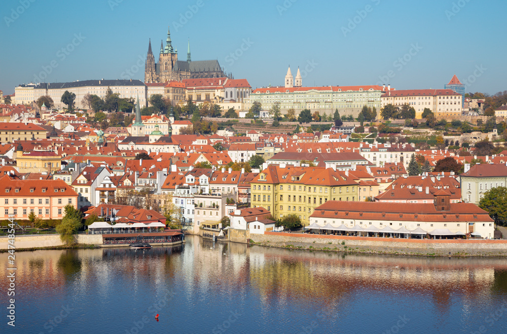 Prague - The  Charles Bridge, Castle and Cathedral withe the Vltava river.
