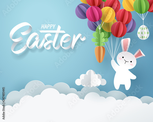 Paper art of Bunny, carrot and Easter eggs hang on colorful balloons, Happy Easter celebration concept