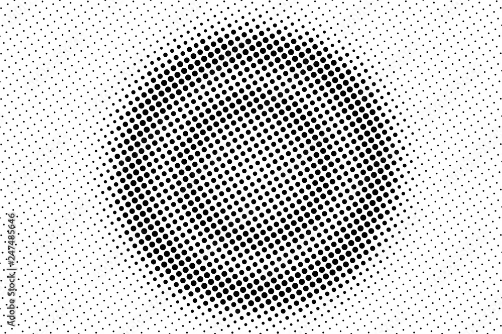 Black white halftone vector texture. Textured round dotted gradient. Grunge center dotwork surface for vintage effect