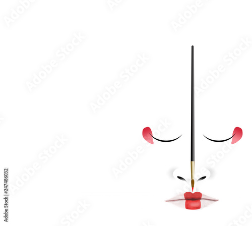 This is an illustration of a Japanese geisha's unusual facial makeup. Here lips and eyes are carefully defined in red with a fine tipped brush dipped in makeup. This is isolated on white background.