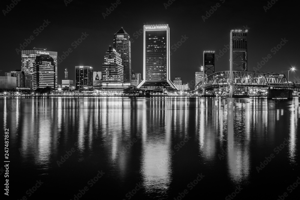 The skyline reflecting in the St. John's River at night in Jacksonvile, Florida.