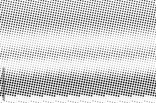 Black and white halftone vector texture. Rough horizontal dotted gradient. Grunge dotwork surface for vintage effect.