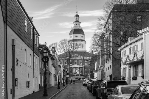 Francis Street, and the Maryland State House, in Annapolis, Maryland.