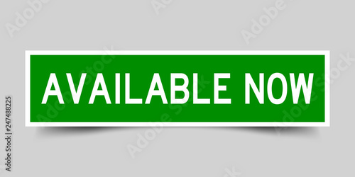 Label sticker green color in word available now on gray background