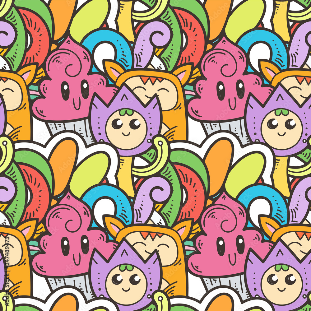 Fototapeta premium Seamless vector pattern with cute cartoon monsters and beasts. Nice for packaging, wrapping paper, coloring pages, wallpaper, fabric, fashion, home decor, prints etc