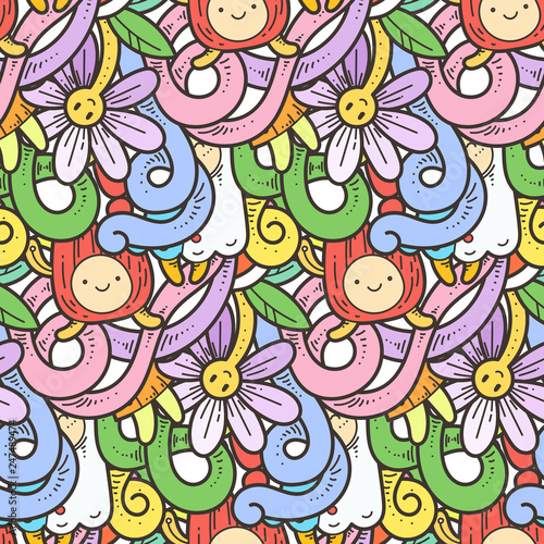 Seamless vector pattern with cute cartoon monsters and beasts. Nice for packaging, wrapping paper, coloring pages, wallpaper, fabric, fashion, home decor, prints etc © Drekhann