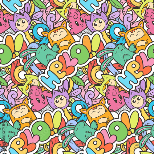 Seamless vector pattern with cute cartoon monsters and beasts. Nice for packaging, wrapping paper, coloring pages, wallpaper, fabric, fashion, home decor, prints etc