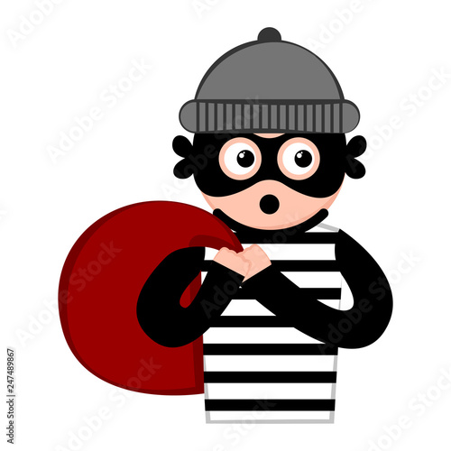 Surprised thief cartoon with a money bag. Vector illustration design