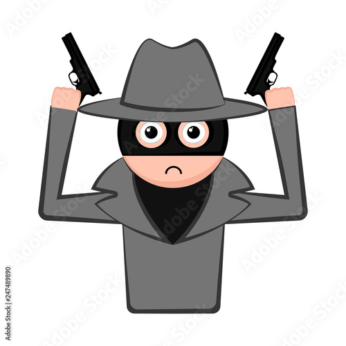 Sad thief cartoon with weapons. Vector illustration design