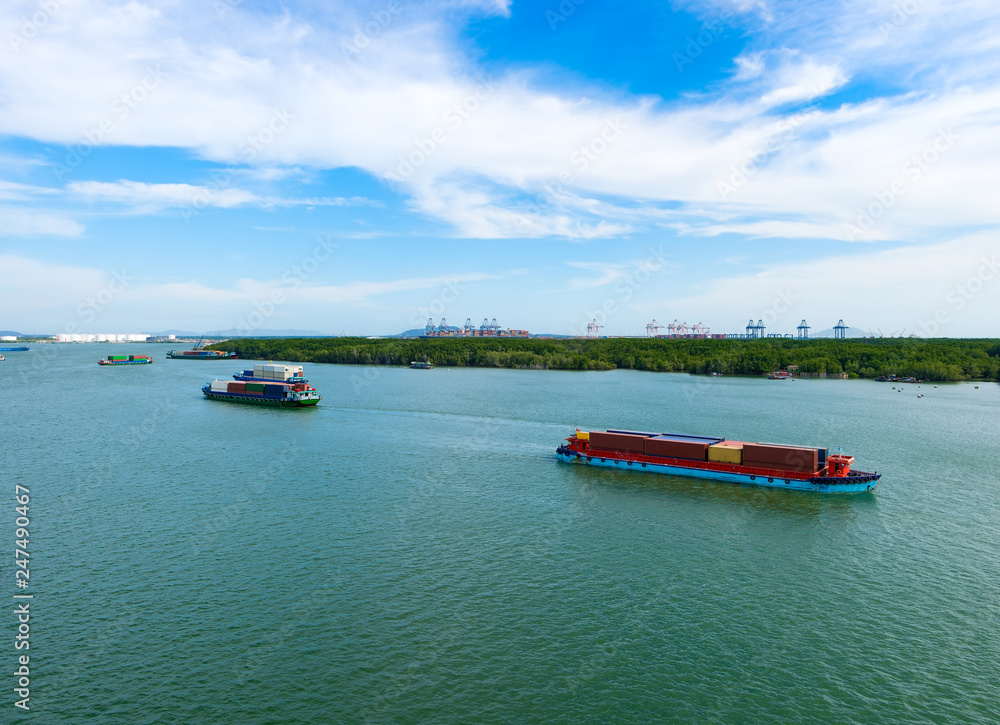 Naklejka premium Cargo ships in Mekong river delta. Province Vung Tau, Vietnam