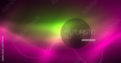 Abstract shiny glowinng color wave design element on dark background - science or technology concept
