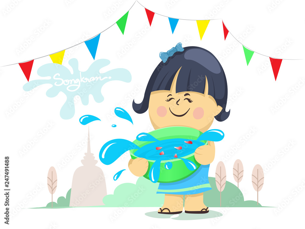 Cartoon girl is holding water bowl, Songkran Festival, Culture in Thailand, Vector Illustration