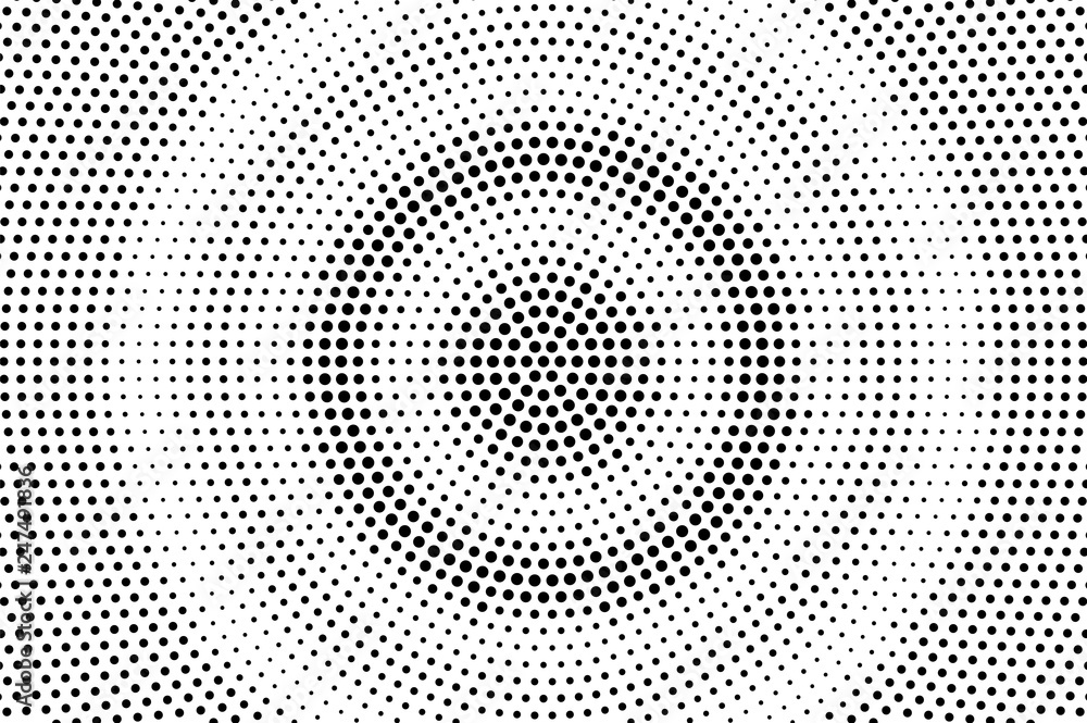 Black on white halftone vector texture. Centered dotted gradient. Rough dotwork surface for vintage effect.