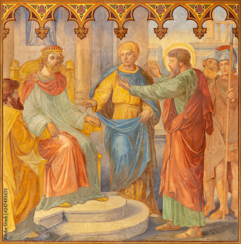 PRAGUE, CZECH REPUBLIC - OCTOBER 15, 2018: The fresco judgment of St. Paul before Agripa in church Bazilika svatého Petra a Pavla na Vyšehrade by S. G. Rudl (1895).