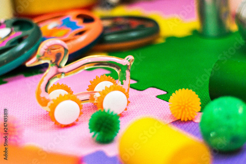 Colorful toy duck with wheels