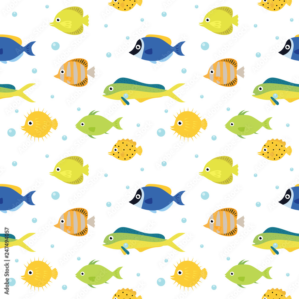 Fish seamless pattern, different fish in bright colours. Sea and summer background. Fish seamless pattern, different fish in bright colours. Sea and summer background.