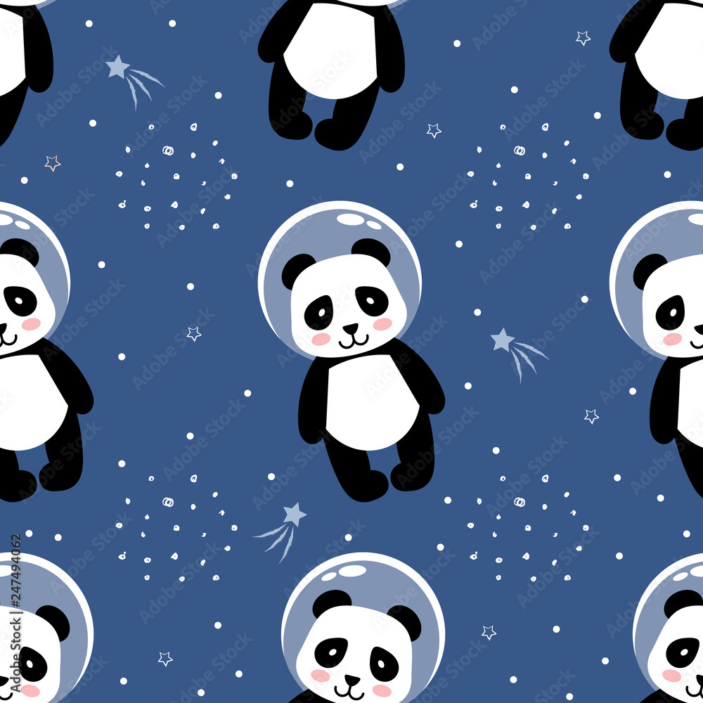 Panda astronaut in outer space seamless pattern. Vector print, cute cartoon vector illustration.. Panda astronaut in outer space seamless pattern. Vector print, cute cartoon vector illustration..