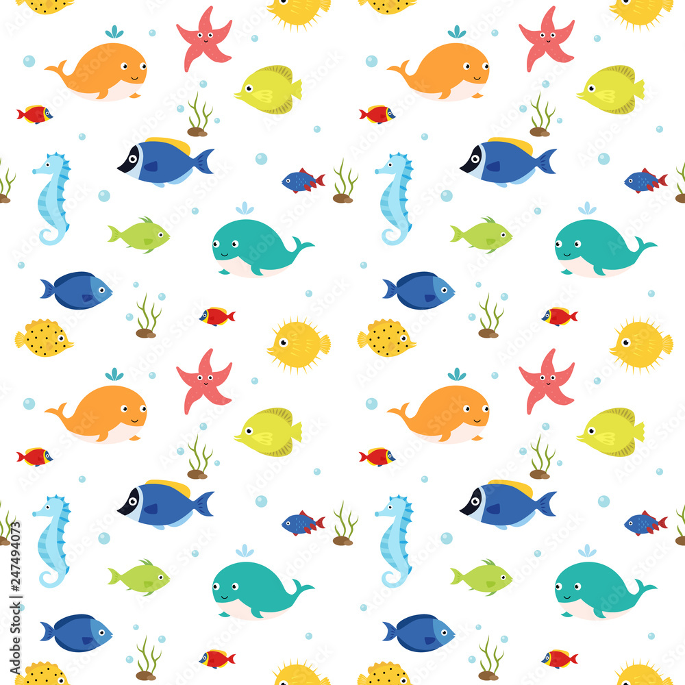 Sea seamless pattern, summertime. Different fish, whales in bright colors. Sea seamless pattern, summertime. Different fish, whales in bright colors.