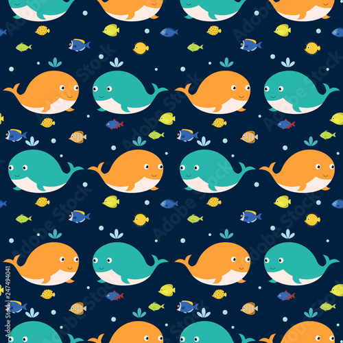 Cartoon whales with fish,  sea seamless pattern. Sea and summer background.