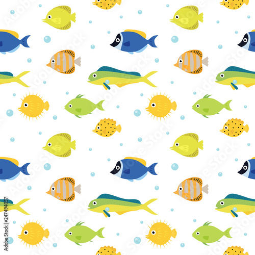 Fish seamless pattern, different fish in bright colours.  Sea and summer background.