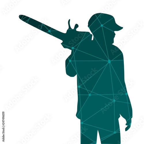 Lumberjack worker standing with chainsaw. Connected lines with dots.