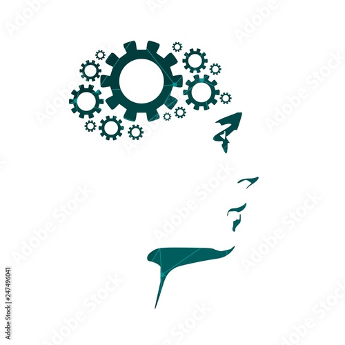 Silhouette of a mans head with gears. Mental health relative brochure, report or flyer design template. Scientific medical designs. Connected lines with dots.