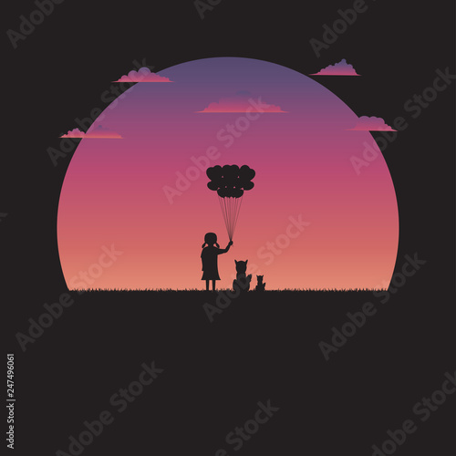 Silhouette a girl holding balloon heart shape and dog standing on the meadow