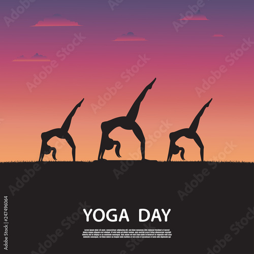 Silhouette of yoga woman on nature with beautiful sunset background