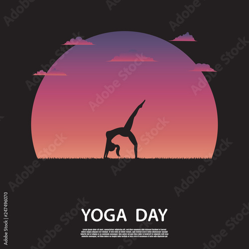 Silhouette of yoga woman on nature with beautiful sunset background