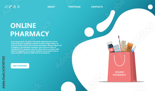 Online purchase and delivery of drugs. Online pharmacy bag with a set of medical drugs concept. Costum template can use for, landing page, template, ui, web, mobile app, poster, banner, flyer - Vector