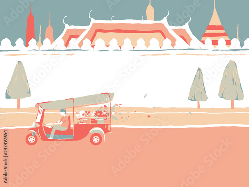 Thailand tourism landscape, auto rickshaw or tuk tuk passing The grand temple palace, colorful pastel theme