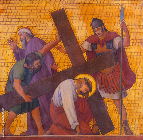 PRAGUE, CZECH REPUBLIC - OCTOBER 17, 2018: The painting Jesus fall under the cross in the church kostel Svatého Cyrila Metodeje by  S. G. Rudl (1935). photo