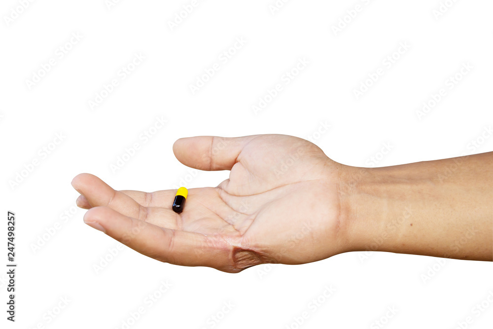 Drug on hand on white backgroud with clipping path. Drug on hand on white backgroud with clipping path.