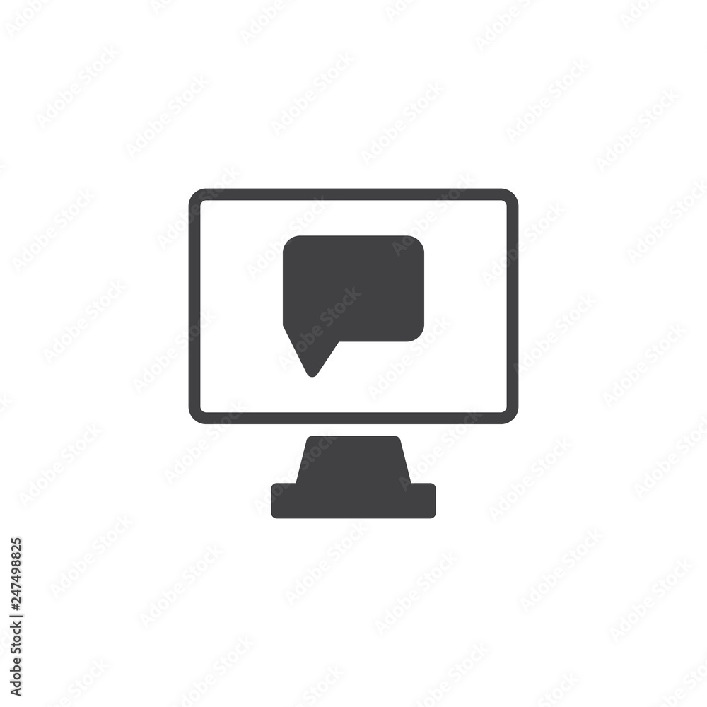 Monitor with chat message vector icon. filled flat sign for mobile concept and web design. Computer communication message simple solid icon. Symbol, logo illustration. Pixel perfect vector graphics Monitor with chat message vector icon. filled flat sign for mobile concept and web design. Computer communication message simple solid icon. Symbol, logo illustration. Pixel perfect vector graphics