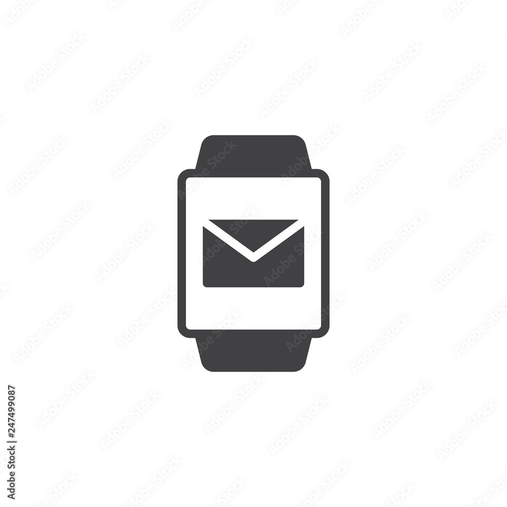 Smartwatch message notification vector icon. filled flat sign for mobile concept and web design. Smart watch with envelope mail simple solid icon. Symbol, logo illustration. Pixel perfect vector